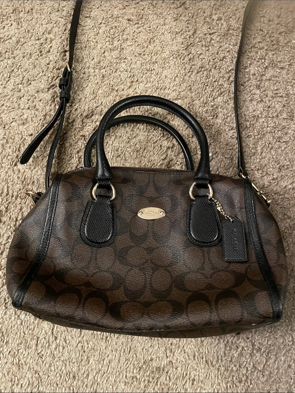 Coach Brown Signature Satchel with Black Handles and Trim